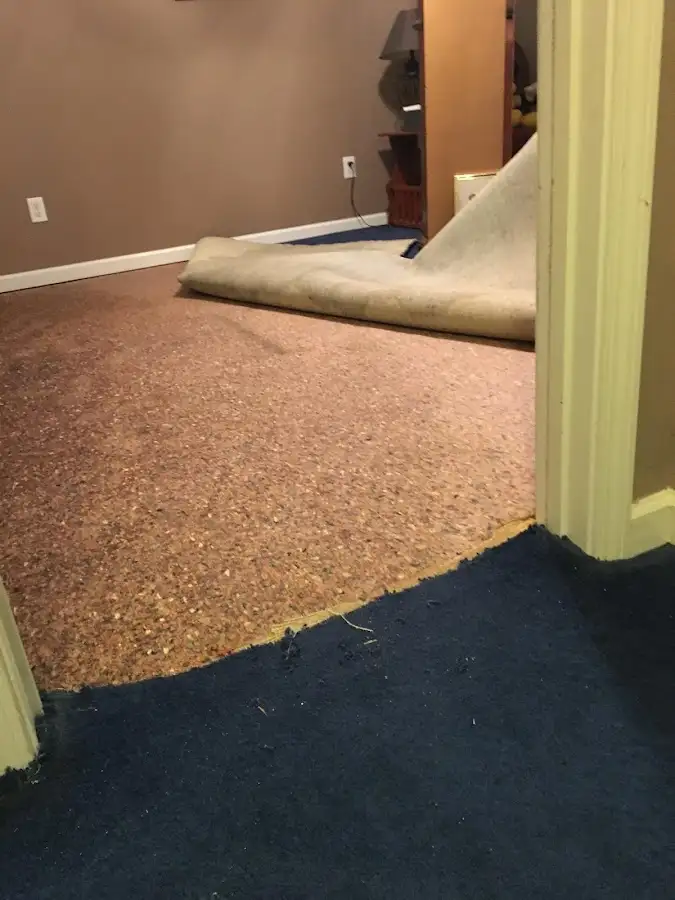 Carpet pad removal revealing water damage during Water Mitigation Services in Ladson